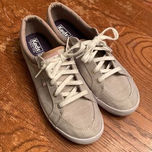 Tan and white striped Keds